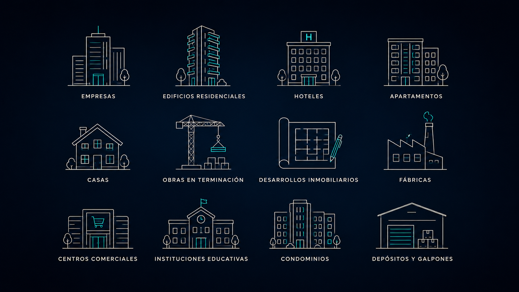 Sectores que atiende RENOVA: empresas, edificios residenciales, hoteles, apartamentos, casas, obras en terminación, desarrollos inmobiliarios, fábricas, centros comerciales, instituciones educativas, condominios, depósitos y galpones
